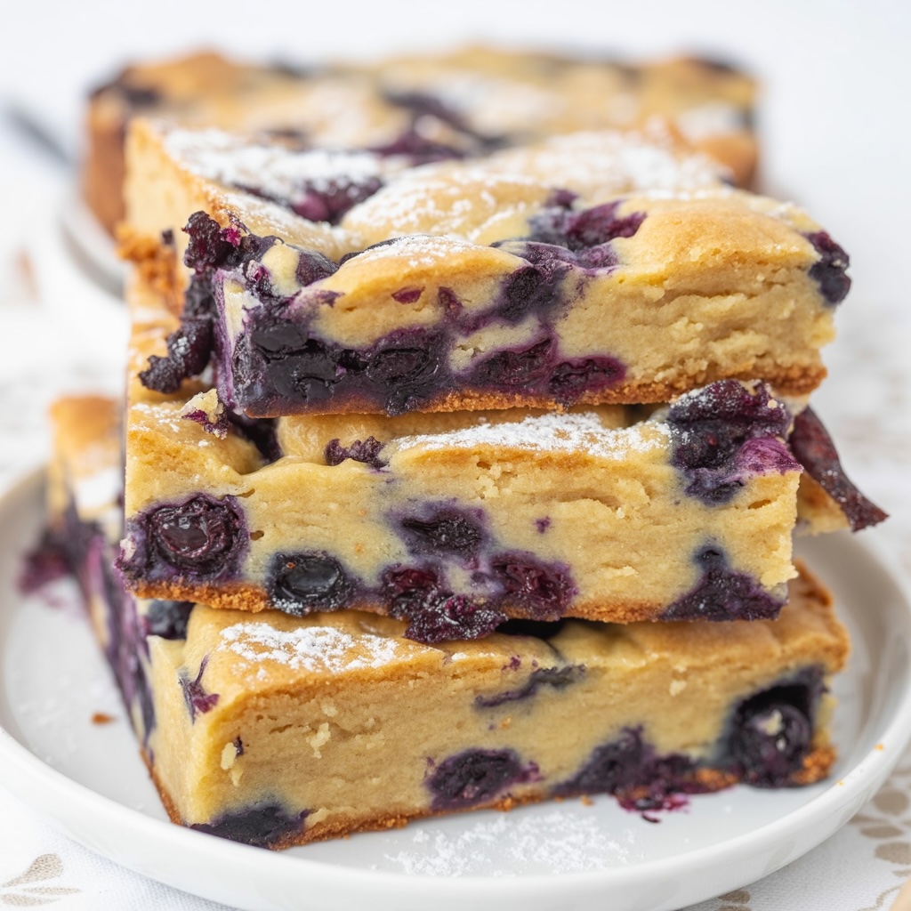 blueberry cottage cheese breakfast bake bars stacked on a white plate
